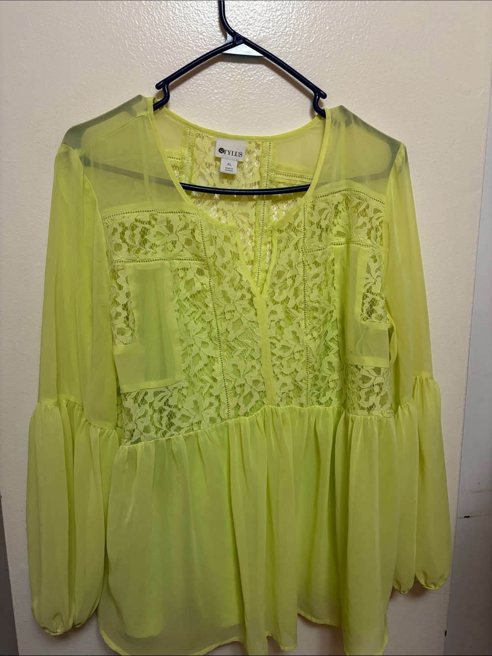 STYLUS Neon Lime Lace Peasant Blouse - Women's